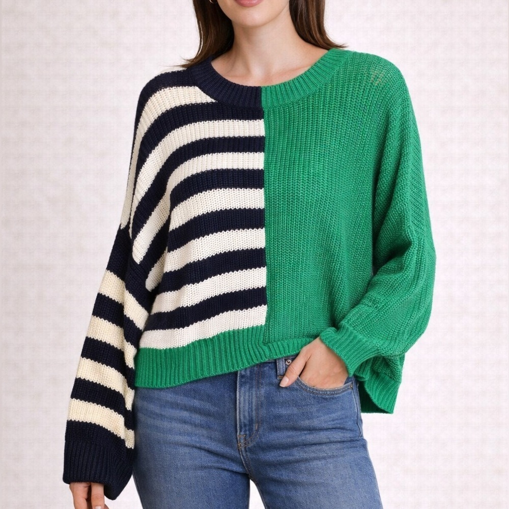 JS71 Colorblock Striped Sweater Knitted Crewneck Green Size Large
